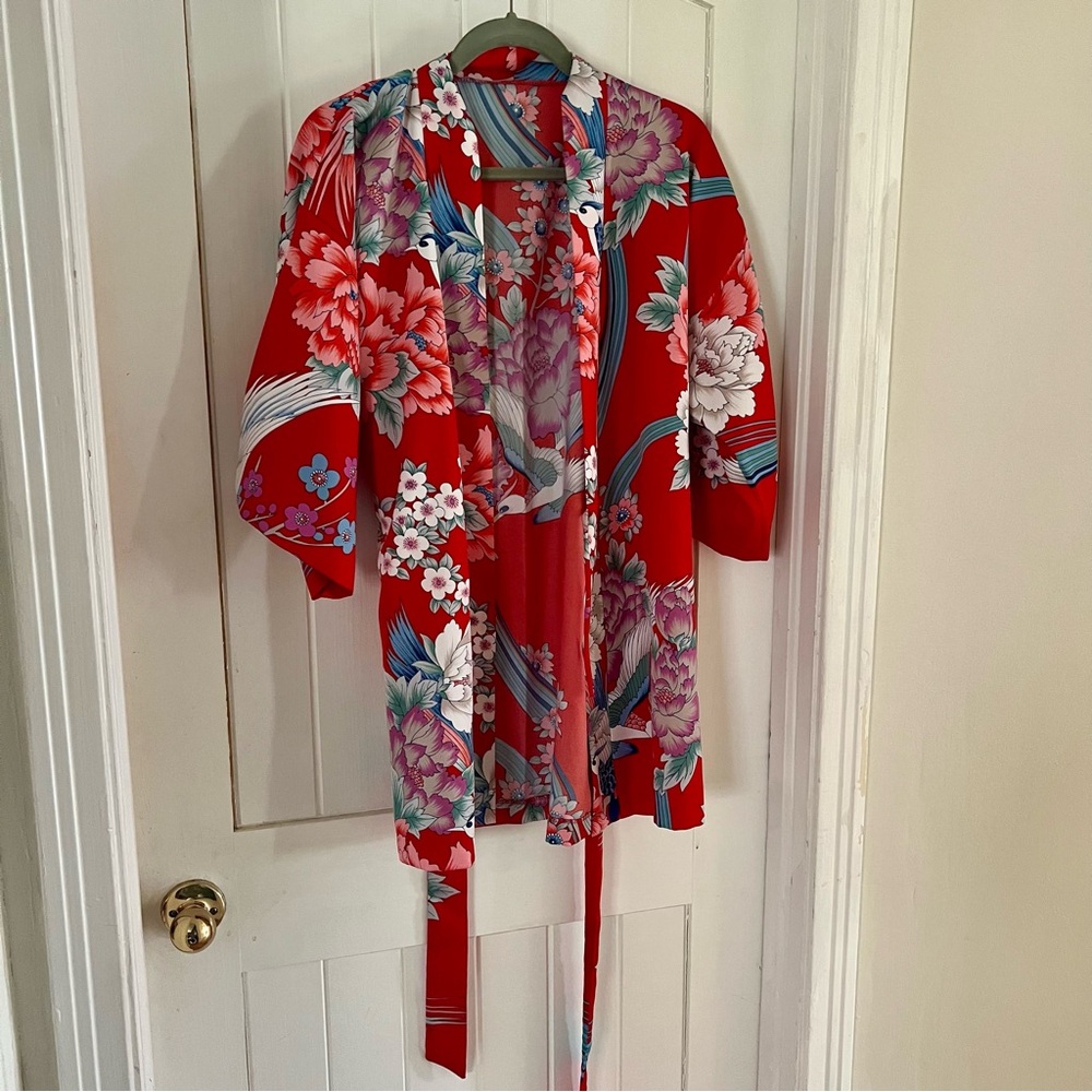 Floral Bird Red Kimono Robe